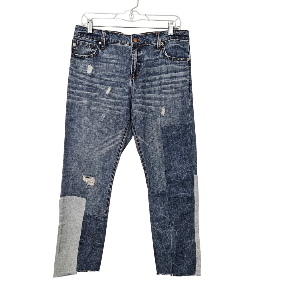 Dear John Patchwork Distressed Straight Leg Jeans 28 Boho Artsy Raw Hem Grunge
